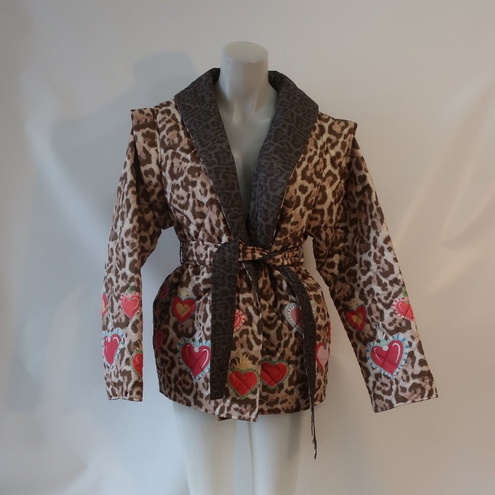 NWT Womens Tina Demel Leopard Hearts Belted Reversible Quilted Vest or Jacket 10